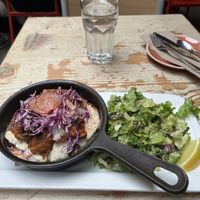 That's the stuffed barbacoa skillet, the barbacoa was made with jackfruit, very tasty and a bit spicy  at MeeT in Gastown in Vancouver