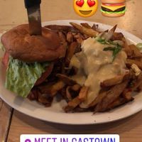 Burger on gluten free bun with poutine!  at MeeT in Gastown in Vancouver