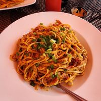 Vegan pasta with pumfu at Allyn's Cafe in Cincinnati