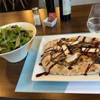 Vegan pizza and salad.  at Fuzion in Turin