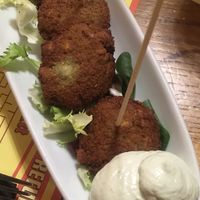 Fava bean falafels with vegan mayo at Open Baladin in Turin