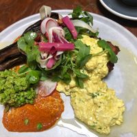 The smoked eggplant and smashed minted peas added to the already delicious meal.  at Ray Cafe in Brunswick