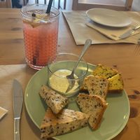 Gluten free bread and limonada casera with red berries   at Samelo Veg in Tenerife