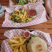 Burger, fries, nachos at Green Vurgers in San Jose