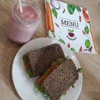 Maca smoothie and hummus sandwich at BIOrganic Raw Cafe in Chisinau