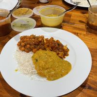 Vindaloo with tofu, Chana Pindi, and Thaduka Dahl with basmati rice  at Taaza Indian Cuisine in Roanoke