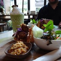 Satay chicken and waffles, matcha shake at Veganerie Concept - Benjasiri Park in Bangkok