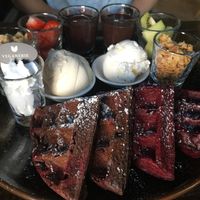 Red velvet and chocolate waffles at Veganerie Concept - Benjasiri Park in Bangkok