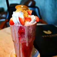 Strawberry cheesecake milkshake from Veganerie Concept. Really tasty, but a bit too sweet for me to finish.  at Veganerie Concept - Benjasiri Park in Bangkok