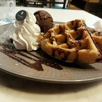Vanilla waffles with chocolate ice cream at Veganerie Concept - Benjasiri Park in Bangkok