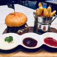 Pulled pork mushroom burger with fries at Veganerie Concept - Benjasiri Park in Bangkok