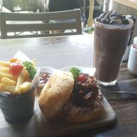 Mushroom burguer, brownie shake at Veganerie Concept - Benjasiri Park in Bangkok