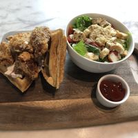 Chicken and waffles with Caesar salad at Veganerie Concept - Benjasiri Park in Bangkok