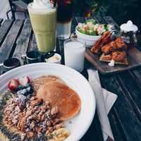 Vegan breakfast: matcha smoothie and pancakes 💕 at Veganerie Concept - Benjasiri Park in Bangkok