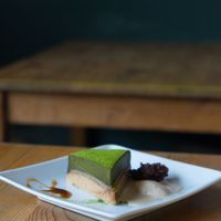 Vegan matcha tofu cake. at Musubi Cafe in Kyoto