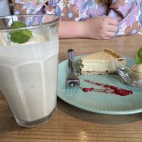 Yogurt smoothie and lemon flavoured cheesecake   at Musubi Cafe in Kyoto