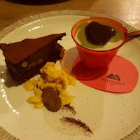 chocolate cake with pumpkin ice cream, and matcha/vanilla pudding at Musubi Cafe in Kyoto