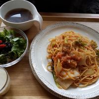 Tomato spaghetti lunch set at Musubi Cafe in Kyoto