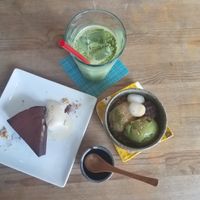 Matcha Milkshake, Chocolate Cake, & Ice Cream Parfait at Musubi Cafe in Kyoto