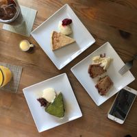 Banana cake, cheese cake, matcha cake (all vegan)  at Musubi Cafe in Kyoto