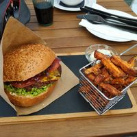 Very large "500 g" Plantaž burger with fried sweet potato and tatar sauce at Plantaz Bistro & LimeLight BAR in Martin