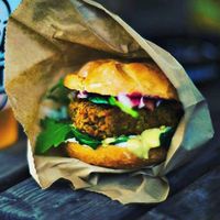 Pumpkin burger with a sweet-sour beetroot sauce at Plantaz Bistro & LimeLight BAR in Martin