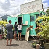 In the food truck lot behind the liquor store at Cafe Turmeric in Hanalei