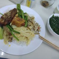 Buffet: rice + mock meat + vegetables + a small bol of soup at Nghia in Kon Tum