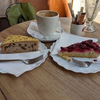 Banana cake (left), raspberry cake (right) at Kaffestuen Vesterbro in Copenhagen