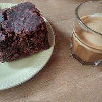 coffee with soy milk and vegan brownie at Kaffestuen Vesterbro in Copenhagen