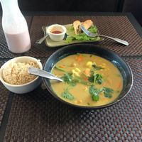 Vegan yellow curry with brown rice  at The Green Barn in Milpitas