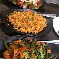Spicy fried rice, garlic green beans, and shaking soy nuggets  at The Green Barn in Milpitas