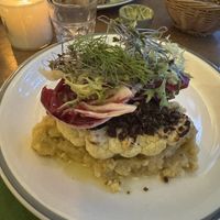 Cauliflower steak and lovely mash with other tasty things   at Urten in Copenhagen