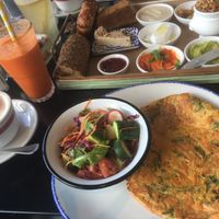 Breakfast with lentil omelette  at Cafe Landwer - Tel Aviv Port in Tel Aviv