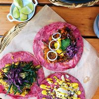 Pink instagrammable tacos but could be tastier at La Pitahaya Vegana in Mexico City