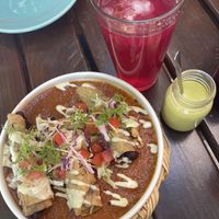 half plate Hibiscus flautas + pink lemonade  at La Pitahaya Vegana in Mexico City