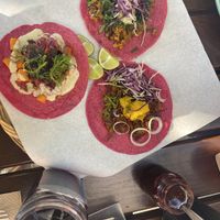 Tacos trio (clockwise starting at the top: tofu, mushroom pastor and sweet potato pesto)  at La Pitahaya Vegana in Mexico City