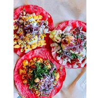 Tacos of "cauliflower requeson, crudi, machaca tofu" at La Pitahaya Vegana in Mexico City