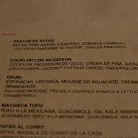 Taco descriptions at La Pitahaya Vegana in Mexico City