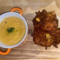 Soup and veg pakora   at Cafe Van Gogh in South West London