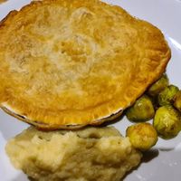 Mushroom and tofu pie with celeriac mash and sprouts at Cafe Van Gogh in South West London