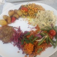 An assortment of nearly all of the vegan options on offer that day! at Lepione in Wroclaw