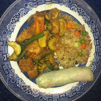 Some leftovers @ home from Bangkok Spice: Pad Prik King (NO fish sauce) with Fried Tofu. Fried Rice (NO egg). Spring Roll (NO shrimp) add Fried Tofu.  at Bangkok Spice in West Monroe