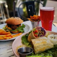 Rosa Limonade, Falafel Burger, Watto Wrap at Vegamo Centro in Mexico City