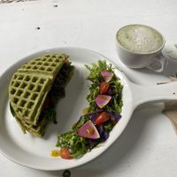 Matcha and savoury waffle  at Vegamo Centro in Mexico City