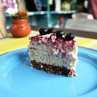 Vegan red berry cheesecake at Vegamo Centro in Mexico City
