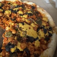 My chickpea chorizo pizza without peppers and with extra chickpeas  at Vegamo Centro in Mexico City