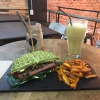 Waffle Sandwich Chewbacca with sweet potatoe fries and fitness smoothie at Vegamo Centro in Mexico City