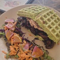 Waffle sandwich Chewbacca 💚🧇🥓🍄 at Vegamo Centro in Mexico City