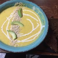 Corn cashew cream gazpacho with bread at Vegamo Centro in Mexico City